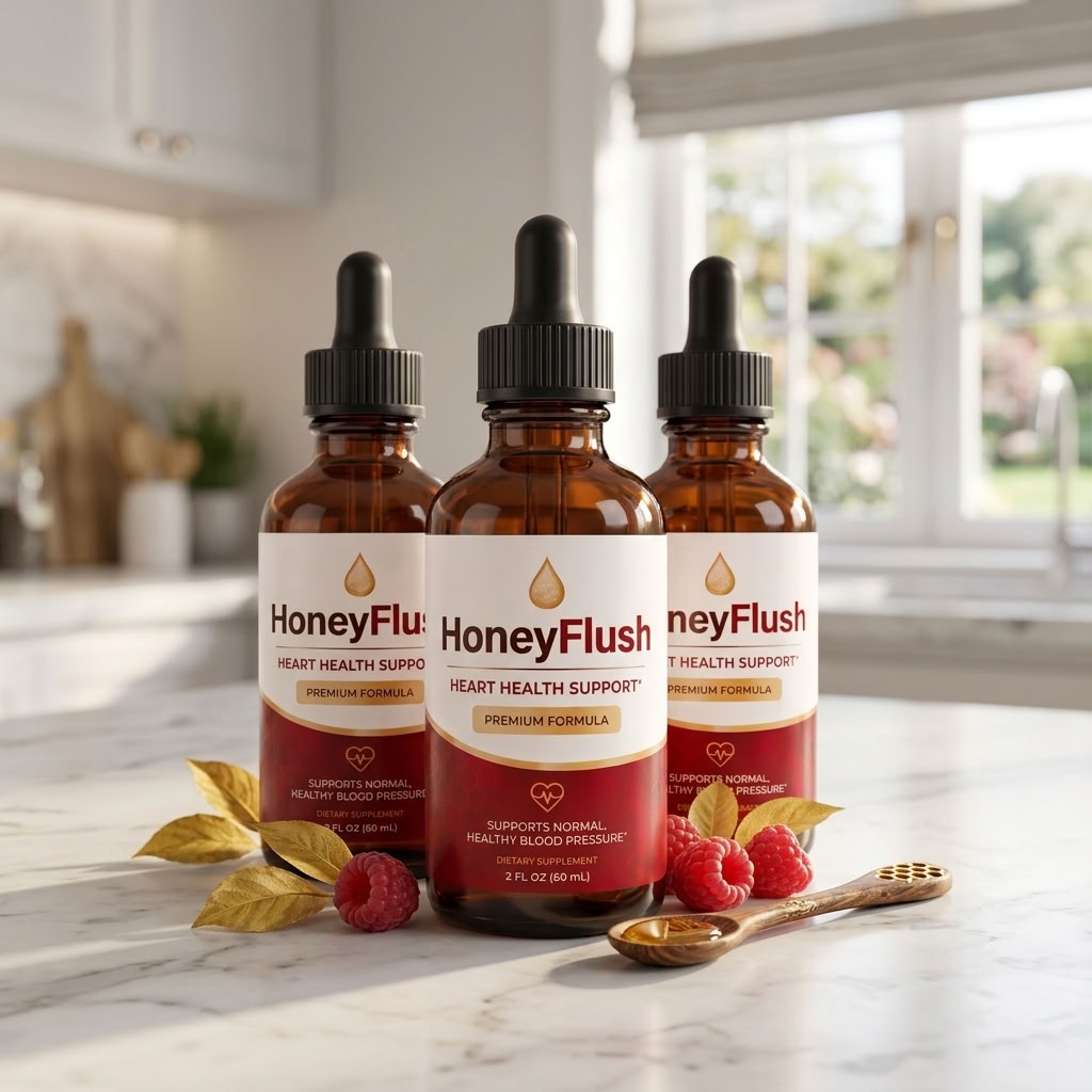 Bottles of HoneyFlush liquid blood pressure and heart health support drops